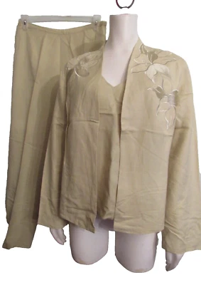 coldwater creek green linen blend 3-PC pant embroiderd open jacket set 10 - Image 1 of 4