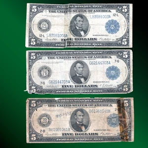 *LOT OF 3 Notes* 1914 $5 Dollars Federal Reserve Note, Fine Condition, 81003 - Picture 1 of 2