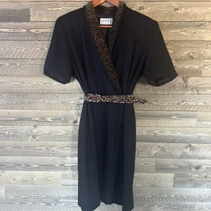 Vintage Kasper schwarzes Kleid Leopardenbesatz Gr. 8P 8 zierlich klassisch raffiniert LESEN - Bild 1 von 12