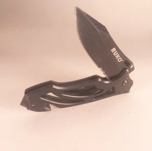 Ruko Pocket Knife Drop Point Combo Edge Black Glass Breaker *See Description* - Picture 1 of 9