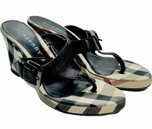 Burberry Nova Check Wedge Sandals Size 37 Plaid Leather Platform Heels Italy - Picture 1 of 21
