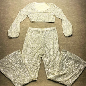 Damen beige Sequenz langärmeliges kurzes Oberteil & Hose hochrises Glockenunterteil Set - Bild 1 von 10