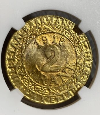 1918 BÉLGICA DORADA 2 FRANCOS GANTE OCUPACIÓN ALEMANA NGC MS64 Foto 1 de 3