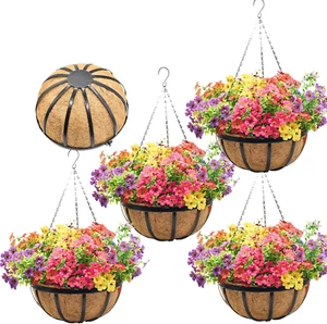 Black Flat Iron Metal Hanging Planter Basket with Coco Coir Liner(4 Pack, 16 Inc - Picture 1 of 12