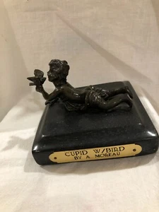 Vintage Bronze Figur auf schwarzem Marmor Amor mit Vogel von A. Moreau - Bild 1 von 5