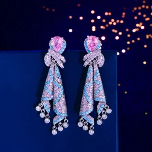 Silver Plated CZ Pink Micro Pave Round Dangle Drop Earrings Classy Women Jewelry - Picture 1 of 8
