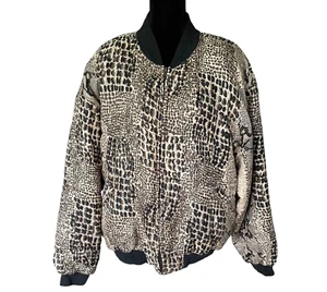 Vintage Clio Women's Bomber Jacket Brown Black Animal Print Snake Pockets Silk L - Picture 1 of 9