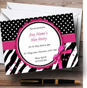 Zebra Print And Polka Dot Black Pink Personalised Hen Party Invitations - Picture 1 of 1