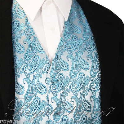 Turquoise Paisley Tuxedo Suit Dress Vest Waistcoat Formal Party Prom Wedding - Image 1 of 4
