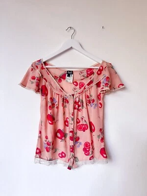 Женская блуза DOLCE & GABBANA 100% шелк розовый фруктовый принт кружевная отделка размер XS 38 IT - Изображение 1 из 4