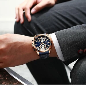 CAYON Gold Uhr Herren Luxus Wasserdicht Quarz Armbanduhr Mode Business Blau - Bild 1 von 17