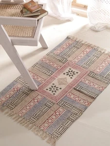 Vintage Farmhouse Cotton Rug Hand Block Printed Area Carpet Mat for Living Room - Picture 1 of 7