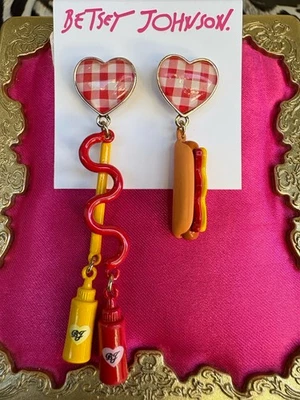 Betsey Johnson Hotdog Hot Dog Ketchup Mustard Condiment Summer Food Earrings - Image 1 of 2