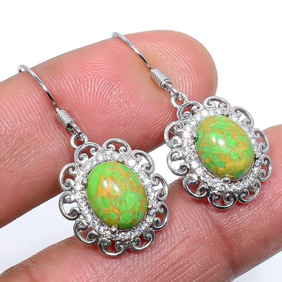 Green Copper Turquoise & CZ 925 Sterling Silver Earring 1.29" S240 - Image 1 of 3