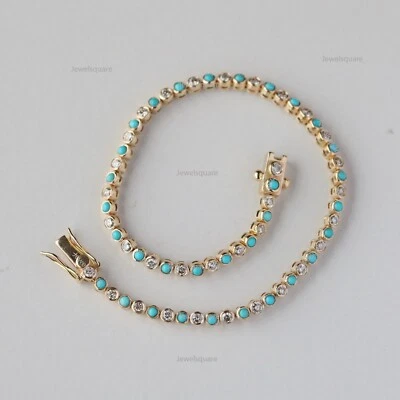 14k Gold Arizona Turquoise & Real Diamond Bezel Set Tennis Alternate Bracelet - Image 1 of 4