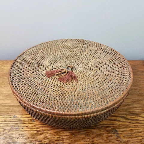 Antique Chinese Sewing Basket w/ Coin LARGE Round Lidded Boho Wicker Jungalow Cover