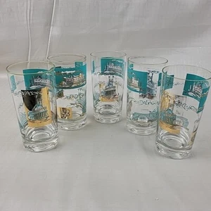 Vintage MCM Glass Hi-Ball Tumblers Retro Teal Turquoise & Gold Steam Boat Theme - Picture 1 of 19