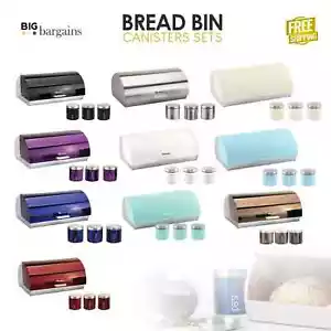 4PC Bread Bin Canister Set Storage Box Coffee Tea Sugar Jar Fitting Lid - Picture 1 of 12