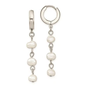 Stainless Steel Polished w/Freshwater Cultured Pearl Hinged Hoop Earrings - Picture 1 of 3
