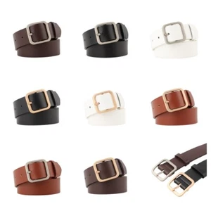 Women Stylish Gold/Silver Metal Square Pin Buckle Faux Leather Solid Color Belt - Picture 1 of 18