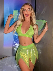 Fairy Tale Tinker Bell Tinkerbell Bra Top+ Skirt w/Wings Adult Halloween Costume - Picture 1 of 6