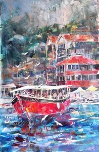 NEW BEAUTIFUL SERA KNIGHT ORIGINAL "Tour Boats at Kekova, Turkey" PAINTING - Picture 1 of 1