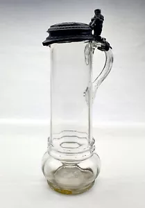 großer alter Bierkrug Weinkrug Wasserkrug Karaffe Glaskaraffe Zinndeckel Abriss - Bild 1 von 9