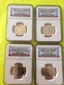 2007 WASHINGTON NGC MS66-65-64-BU US ERRORE DI CONIO BORDO MANCANTE SET 4-COIN DOLLARI - Foto 1 di 11