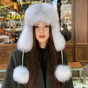 Mujeres Sombrero de piel de zorro real Sombrero Ushanka ruso Cálido Sombrero de aviador Sombrero de trampero Gorra cálida - Imagen 1 de 10