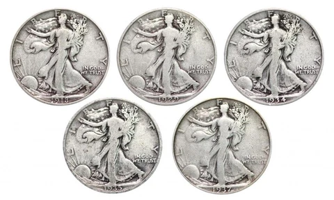 Walking Liberty Set of 5 Half Dollars Very Good Cover