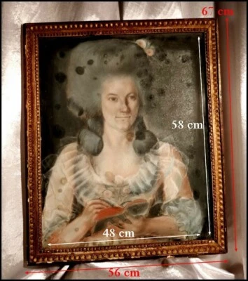 Portrait d'Une Dame De Qualité en Grande Perruque Pastel et Cadre d'Époque 18e - Photo 1/4