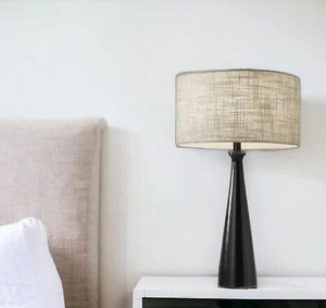 22" Black Metal Geo Triangle Table Lamp With Beige Drum Shade - Picture 1 of 6