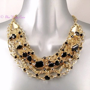 Catwalk Designer Black 14K Gold Plate Braided Mesh Statement Bib Collar Necklace - Picture 1 of 4