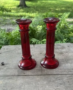 Vintage Ruby Red Indiana Glass 7" Candlesticks Holders Bud Vase Set Of 2 - Picture 1 of 8