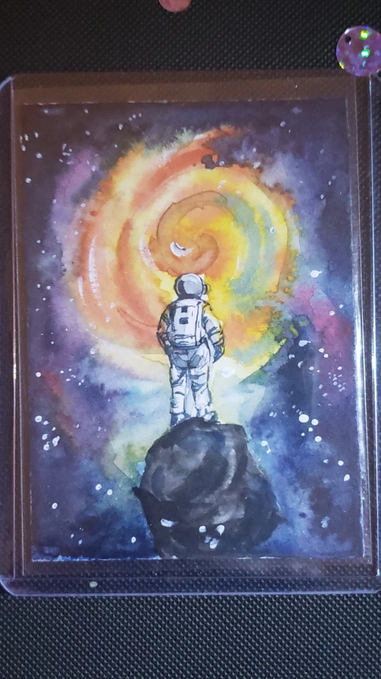 ACEO ORIGINAL OOAK HAND-PAINTED Watercolor/acrylic Cosmic Astronaut, Signed - Image 1 of 3