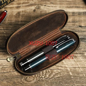 Retro Luxury Leather 2 Slots Fountain Pen Case Zipper Pencil Storage Box Pouch - Picture 1 of 11