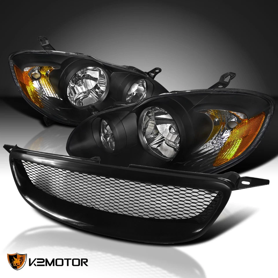 Fits 2003-2008 Toyota Corolla Black Headlights+Black Front Mesh Hood Grille Foto 1 de 4