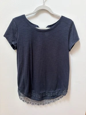 Lauren Conrad Navy Short-Sleeve Top W/ Lace Hem & Bow Back Detail - Image 1 of 3