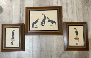 Rare Margaret Layton 1960s Black Cat Serigraph Set of 3 Signed + Framed Gift - Picture 1 of 17