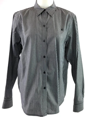 Blusa Camisa Chaps Talla Grande Manga Larga Botón Gris Blanco Rayas 100% Algodón Foto 1 de 4