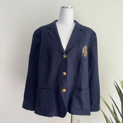 Vintage Ralph Lauren Blazer Womens 20W Navy 100% Linen Crest Equestrian Preppy - Image 1 of 4