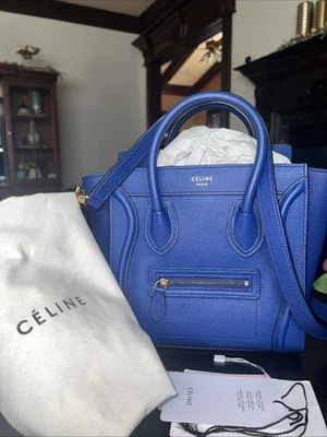 EXCELENTE Bolso de Mano Celine Cuero Granulado Nano Equipaje Azul con Bolsa para el Polvo Foto 1 de 4