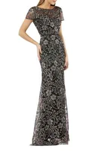 🖤 JS COLLECTIONS Salmon Pink Black Embroidered Lace Trumpet High Slit Gown 4 - Picture 1 of 10