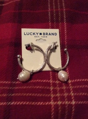 $29 Lucky Brand Silver Tone Imitation Pearl Hoop Earrings 341A - Image 1 of 4