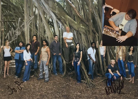 Lost Cast X3 Hand Signed A3 Photo. Dominic Monaghan, Jorge Garcia, Maggie Grace Cover