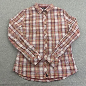 OAKLEY Shirt Womens Medium Long Sleeve Button Up Flannel Pink Plaid Pocket Logo - Picture 1 of 9