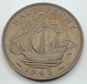 1945 Great Britain Half Penny - UK - Sailing Ship - 1/2 Penny - UK -Ships Free - Picture 1 of 4