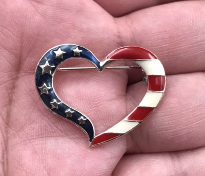 Signed NRT Silver Tone USA Flag Open Heart Enamel Brooch Pin 1.25"x1" Patriotic - Image 1 of 4