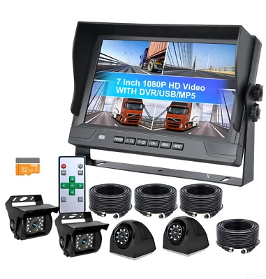 360 View Backup Rear Side View Camera 7'' Quad View DVR Record Monitor USB MP5 - Image 1 of 4