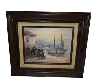 Vintage Original Ölgemälde auf Leinwand Boot im Wasser & Villa Lacoste 15” X 14” - Bild 1 von 12